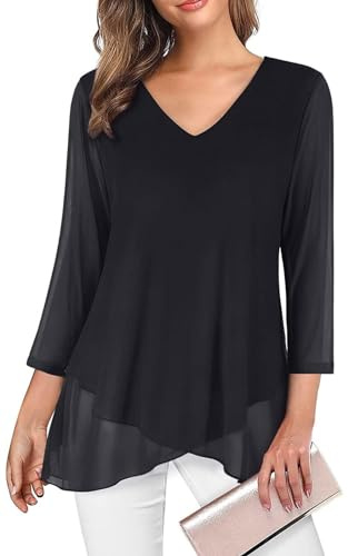 Adigaber Kvinnors lediga trekvarts ärm blus elegant V-ringad blus för topp mode, svart, M