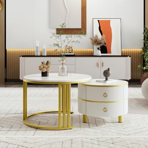 Merax Rund Couchtisch 2er Set, Moderne wohnzimmertisch mit Marmor Furnier, Hochglanz Satztisch mit Schubladen, für Wohnzimmer, Balkon und Büro, Weiß