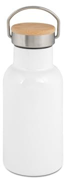 PlottPrint Edelstahl Trinkflasche Sublimation Isoliert Isolierflasche auslaufsicher Wasserflasche, Trinkflasche, Getränkeflasche, Bambus, Thermotrinkflasche, Farbe:Weiß, Milliliter (ml):400 ml
