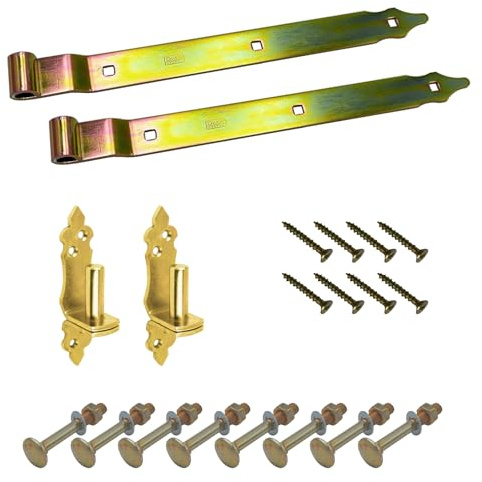BRESKO Ladenband gekröpft mit dekorativen Kloben und Schrauben Set 300-800 mm Torband Türband Scharnier Bandscharnier Tor Beschlag Gartentor (Gelb verzinkt, 400x35x4 mm)