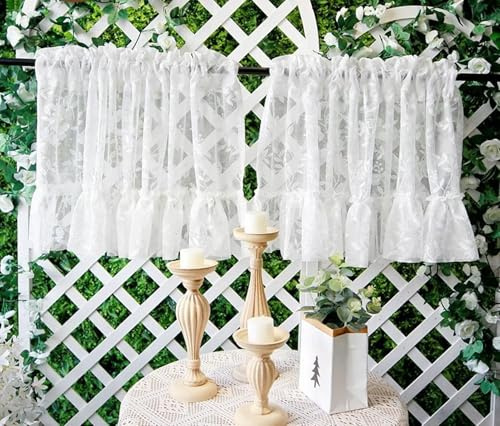 Dsnyu Scheibengardinen Landhausstil Spitze, Gardinen Kurz Weiß Blätter | Vorhang Küchenfenster Bistrogardine 2er Set, Polyester Halbtransparent für Schlafzimmer Wohnzimmer, 2 Stück HxB 60x150cm