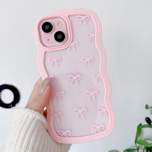 QLTYPRI Rosettfodral för iPhone 13/14, Klart Qulligt Telefonfodral med Rosett och Lockigt Vagigt, Mjukt TPU Fodral med Stötsäkert Skyddande Skalför Kvinnor Flickor - Rosa