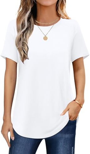 Elesomo Damen Tshirts Kurzarm Longshirt Rundhals Sommer Lockeres Langes T-Shirts, Weiß XL