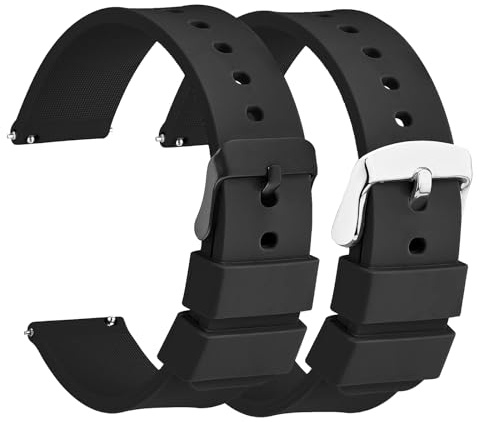 HJZHII 2 Stück Armband für Smartwatch,Smartwatch Ersatzarmbänder,Ersatzarmband Smartwatch Schnellverschluss Silikon Herren Uhrenarmbänder Wasserdichte mit Schwarz Silber Edelstahlschnalle