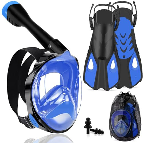 Joellfuner Set da Snorkeling per Adulti, Maschera Subacquea Integrale, 180° Visuale Panoramica, Anti-Appannamento e Anti-perdite, Pinne Regolabili, Adatto alle Immersioni e al Nuoto (Blu, L/XL)