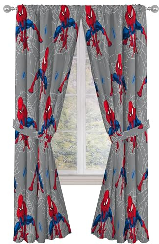 Jay Franco Black Out Window Curtains for Kids Bedroom 4-Piece Drape Set with 2 Tiebacks, Grey - Spiderman, 42 W x 84 L (Pack of 2)