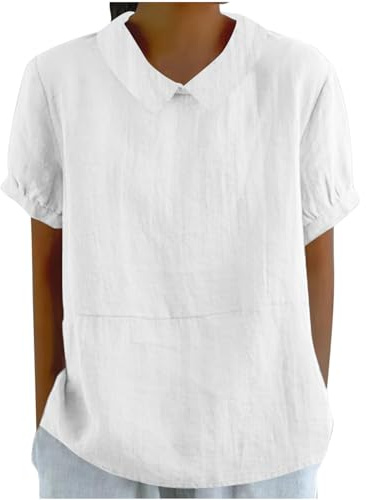 Lovraj Bluse Damen Neue Bubikragen Leinenbluse Kurzarm Musselin Blusenshirt Sommer Einfarbig Damenbluse Baumwolle Leinen Oberteile Locker Luftig Sommerbluse