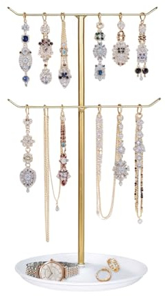Espositore Portagioie a Tre Ripiani, Portacollane da Tavolo con Base, Portagioie a Forma di T con Finitura Oro, Porta collane per Facile Accesso, per Collane, Bracciali, Orecchini, Anelli, Orologi