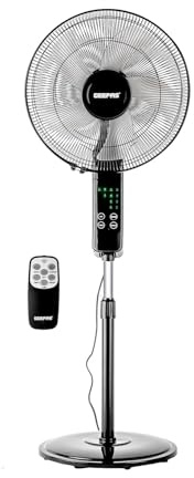 GEEPAS 16’’ Pedestal Fan with Remote Control – 60W Powerful Free-Standing Oscillating Cooling Fan – Height Adjustable, 7.5 Hour Timer - 3-Speed, 5-Blade Air Cooling Floor Fan Home Office (Black)
