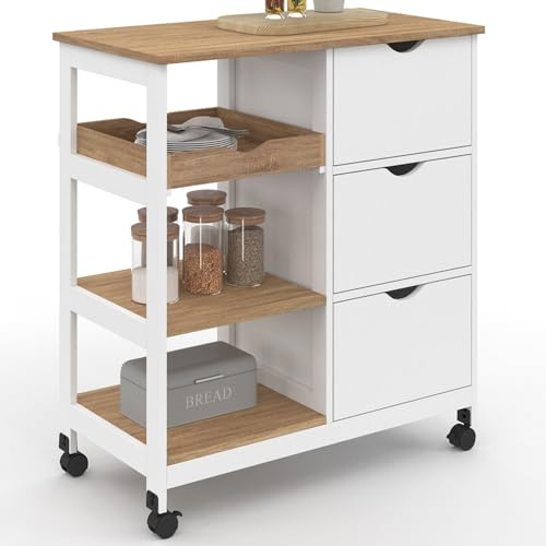 IDMarket - Küchenwagen MUNA 3 Körbe + 1 abnehmbares Tablett in Weiß und Bucheffekt B.76 cm