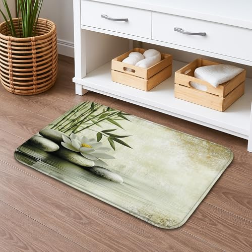 Zen - Tappetino da bagno in bambù, con pietre floreali tranquille, assorbente, antiscivolo, in memory foam, lavabile, decorazione per il bagno, 50 x 81 cm