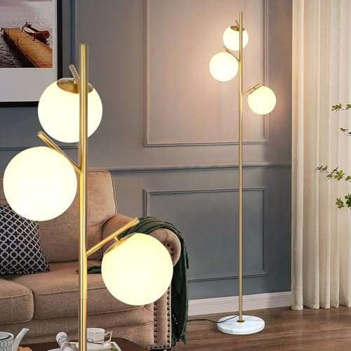 KlkrzJwy Lampada Da Terra A 3 Luci Mid Century Da 165 Cm In Vetro A Globo, Lampada Da Terra Dorata In Marmo Con E27 Dimmerabile, Lampada Alta In Vetro Smerigliato Per Soggiorno, Studio