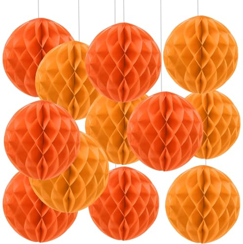 We Moment Zone 12 Stück Orange Papier Wabenbälle,Seidenpapier Honeycomb Balls for Orange Party Dekoration(6inch，10inch)