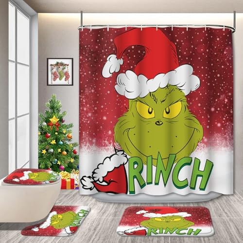 Weihnachts-Badezimmer-Set mit Duschvorhang und Teppichen, lustiges grünes Monster-Feiertagsdesign, festlicher Toilettenbezug und Badematte, wasserdicht, rutschfest, mit 12 Haken, 183 x 183 cm
