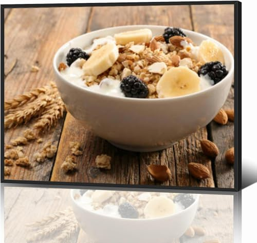 Black Framed Canvas Wall Art Decor for Living Room Bedroom Kitchen Bathroom Office Artwork Painting Bowl muesli and fruit print picture poster 16x24