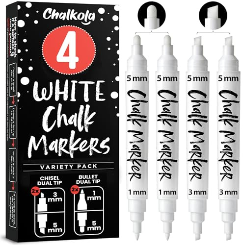 Chalkola 4 weiße Kreidemarker – Doppelspitze, Rund- und Keilspitze (1 mm, 3 mm, 5 mm) | Abwischbare Flüssigkreidestifte für Tafeln, Kreidetafeln, Autoscheiben, Bistros, Glas | Waschbare Kreidemarker