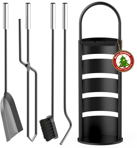 Kidsgigglz Kaminbesteck Set 4-teiliges, Kaminzubehör Schwarz Modern, Kamingarnitur Hochwertig, Kaminwerkzeug Edelstahl: Besen, Schaufel, Eisenhaken, Feuerzange, Ständer mit Sichtschutz für Küche Kamin