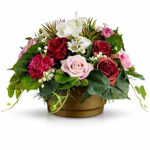 B4y Home dESING Grabgesteck künstlich wetterfest 30 cm – Grabgestecke mit Rosen im Topf beschwert – Grabschmuck für Friedhof & Urnengrab – EU Handmade Grabdeko