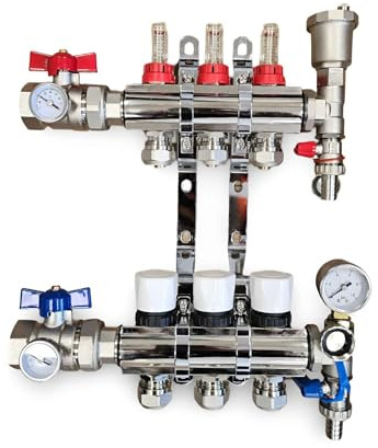 3 Port Complete Underfloor Heating Manifold with Pipe Connections, Ball Valves with Thermometers Set of 2, Automatic Air Vent & Pressure Gauge (15mm eurocones)