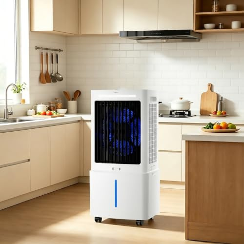 Portable Air Conditioner 12L, 3-in-1 Evaporative Air Cooler, 35dB Quiet Cooling Fan, 3 Speeds & 120° Oscillation, Detachable Water Tank with Ice Packs, Portable Rolling Wheels for Home Office