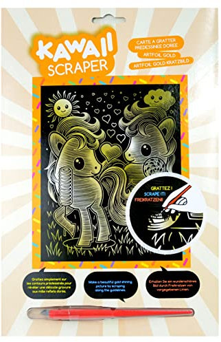 MAMMUT 8261624 - Artfoil, Kratzbild, Tiermotiv, KAWAII Pferde, gold, Komplettset mit Kratzbild, Kratzmesser und Anleitung, Scraper, Scratch, glänzend, Kratzset für Kinder ab 8 Jahre