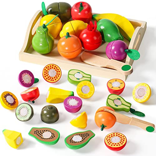 yoptote Giochi Bambini 2 Anni Cucina Legno Giocattolo per Bambini con Frutta da Tagliare Giocattolo Accessori Cucina Bambini Giochi Montessori 2 3 Anni Cibo Giocattoli Educativo Regalo Bambino Bambina