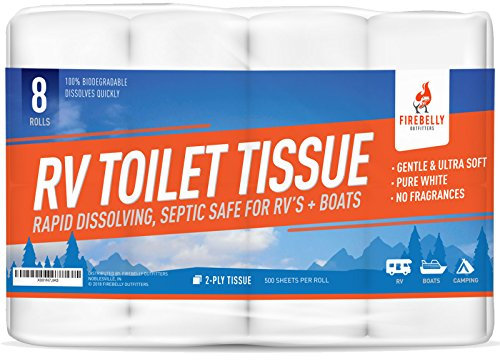 Firebelly Outfitters Toilettenpapier für Wohnmobile, Septik-Tank-Safe, 8 Rollen, 2-lagig, 500 Blatt – schnell lösliches Bad-Tuch für Camping, reduziert Camper Sewer System Clogs, biologisch abbaubar
