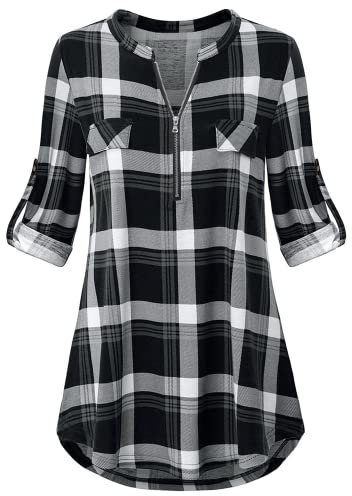 Odosalii Women's Plaid Tunic Blouse with Zip Up V Neck and Floral Print, Long/Short Sleeve Polo Top