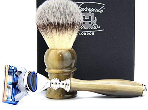 Vintage Style Luxury Shaving Gift Set for Men (Synthetic Hair Brush Horn Handle,3 Different Type of Razor to Choose Horn Handle.Perfect as a Gift to Him (5 Edge Razor)