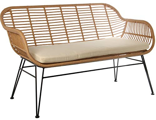 Sillón de 2 plazas de Mimbre sintético con cojín y Estructura de Acero en Beige y Negro 126x70x80cm