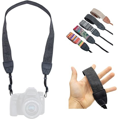 LENS-AID Kameragurt in schickem Design: Leinen Nacken- BZW. | 85-110 cm verstellbar, 3,8 cm breit, weicher Leinenstoff, Befestigung an Kameraösen, für DSLR, DSLM & Analogkameras