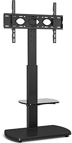 TTAP TV Stand for 32-65 Inch TV’s with Black Wooden Base and Single Glass Shelf/With Swivel and Height Adjustable Mount Bracket (BLACK)