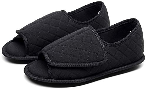 Urbancolor Women Adjustable Toeless Indoor Slippers Memory Foam House Shoes Open Toe Diabetic Slipper Edema Extra Wide Shoes (Black, Numeric_9)
