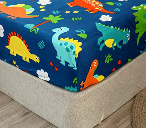 Chickwin Spannbettlaken 90x200 cm Kinder Matratzenschoner Spannbetttuch aus Polyesterfasern, Cartoon Dinosaurier Muster Bettlaken für Boxspringbett, Matratze bis 30 cm höhe