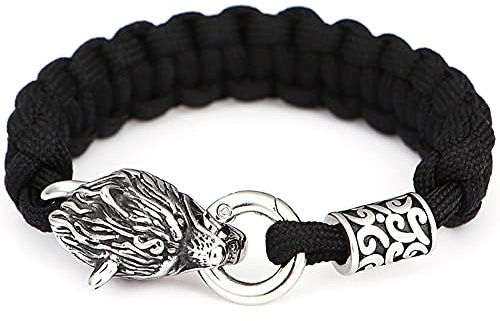 C2Jew Fenrir Wolfskopf Armband Herren 316L Edelstahlkette Runenperle Mit Nordischem Muster Wikinger Handgewebter Paracord-Schmuck Mit Geschenkbox
