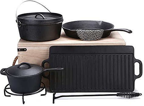 AIZYR Olla De Horno Holandés De Hierro Fundido 8 Piezas con Tapa: Elevador De Tapa, Sartén, Bandeja para Leche, Bandeja para Hornear, Soporte para Ollas, Caja De Madera para Regalo De Cumpleaños