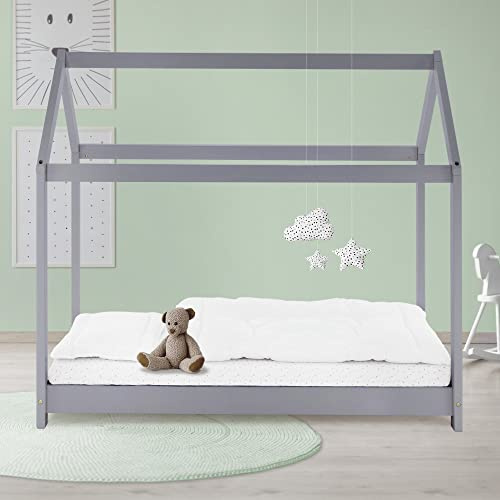 ML-Design Barnsäng 80 x 160 cm med tak och ribbotten, ljusgrå, hussäng för flickor och pojkar, barnhus av massiv furu, golvsäng, ungdomssäng barnsäng, sänghus, leksäng träsäng