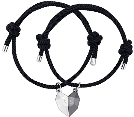 JSDDE Personalisierte Gravur Pärchen Armband mit Magnet Herz Anhänger Geflochtene Charms Paar Armbänder Partnerarmbänder Freundschaftsarmband für Liebhaber Schwestern Freunde