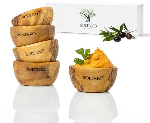 SOLTAKO Olivenholz Dip Schälchen 4er Set The Dipper 6cm, kleine Oliven Holz Schale (4x)
