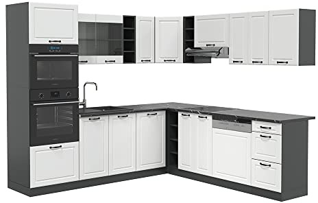 Vicco Eckküche R-Line, Weiß Landhaus/Anthrazit, 247 x 237 cm | 14 Module · Höhenverstellbare Füße · Ohne Arbeitsplatte · MDF-Fronten · Mit Backofen-/Mikrowellenschrank