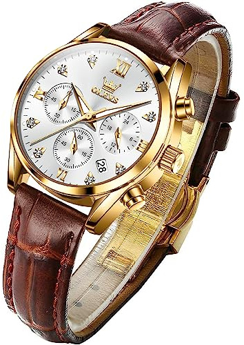 OLEVS Women's Watches Brown Leather Strap Chronograph Dress Diamond Date Analog Watches for Women Waterproof Luminous White Dial