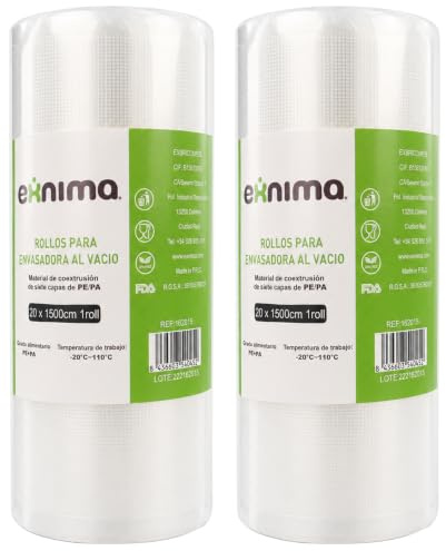 EXNIMA, Rollos para Maquinas de Sellado al Vacío o Bolsas para Envasar al Vacío 2, 4, 6 u 8 und de 20x1500cm, Perfectas para Conservación de Alimentos, Bolsas de Vacío Alimentos, Utensilios de Cocina