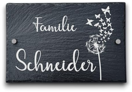 Personalisiertes Hausschild aus Schiefer – Familienname und Vornamen mit Herzgravur - Türschild Familie – Geschenk Einzug - Haustür Deko - Eingangsschild Pusteblume, Wanddekoration