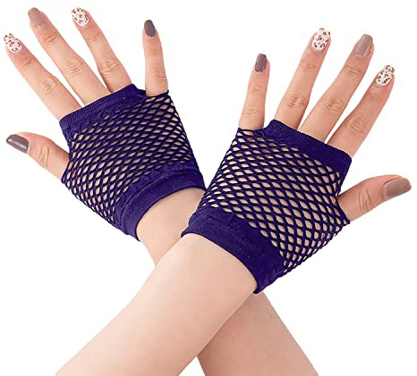 HD Novelty Fingerlose Netzhandschuhe Diva für Damen, schwarz, 80er-Jahre-Retro-Vintage-Nylon, dehnbare Netzhandschuhe für Kinder und Mädchen, Tanzen, Disco, Kostümpartys, Zubehör, Lila