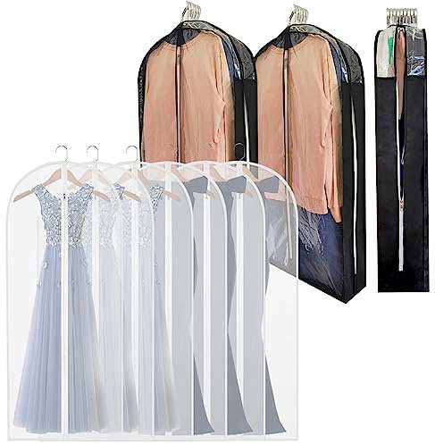homeminda 3 Packs 40 Garment Bags for Hanging Clothes with 6.3 Gusset and 6 Packs Long Dress bags Suit Bags for Closet Storage, Clear Moth Proof Suits Covers and Side Zipper Protector
