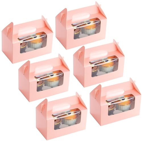 Coolty 50pcs Cupcake Boxes 2 Holes Cardboard Packaging Boxes Bakery Pastry Boxes with Handle for Cookies Muffins Cupcakes Desserts Pies (Pink)