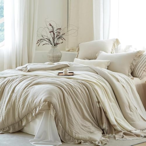 Freyamy Mädchen Bettwäsche 220x240 Beige Unifarben Rüschen Bettwäsche Set | Aesthetic Bettwäsche Plisseefalten, 3 teilig Uni, Microfaser ÖKO-TEX Bettbezug mit Reißverschluss und 2 Kissenbezug 80x80cm