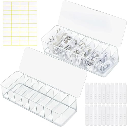 PIWOSGOL Kabel Organizer Box, 2 Stück Kabel Aufbewahrungsbox, Cable Management Box mit 8 Fächer & 20 Kabelbindern, Kunststoff Cable Organizer Box für Schreibtisch Aufbewahrung, Büro (Transparent)