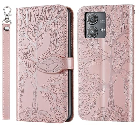 Rostsant Funda para Motorola Moto Edge 40 Neo Árbol en Relieve Carcasa de Cuero PU Motorola Moto Edge 40 Neo Cartera Magnético Funda Teléfono Billetera para Motorola Moto Edge 40 Neo Oro Rosa