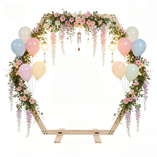 7.6 FT Hochzeitsbogen aus Holz Hexagonal Hochzeit Hintergrund Holz Hexagon Blume Arbor Stand Traubogen Hochzeit mit Basis